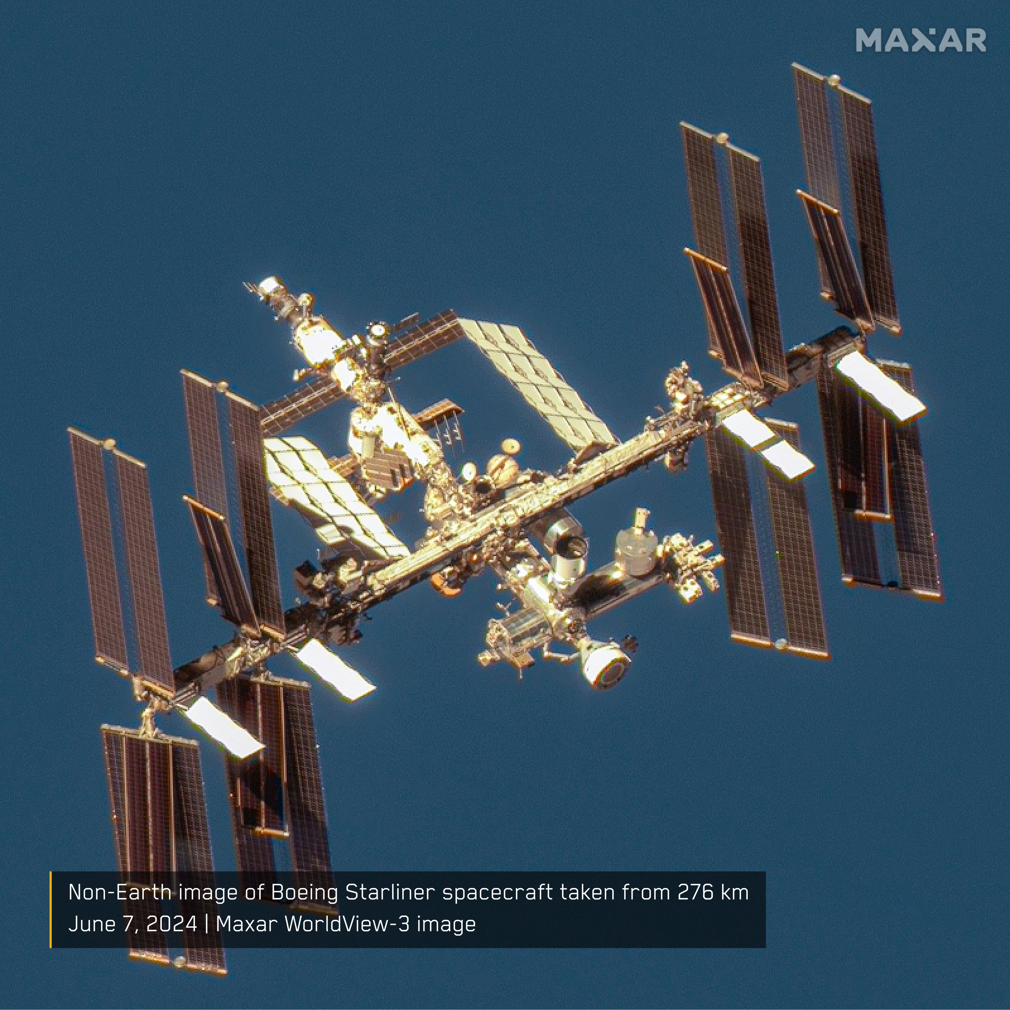 Boeing's Starliner capsule is seen docked to the International Space Station in this photo captured by Maxar Technologies' WorldView-3 satellite on June 7, 2024.