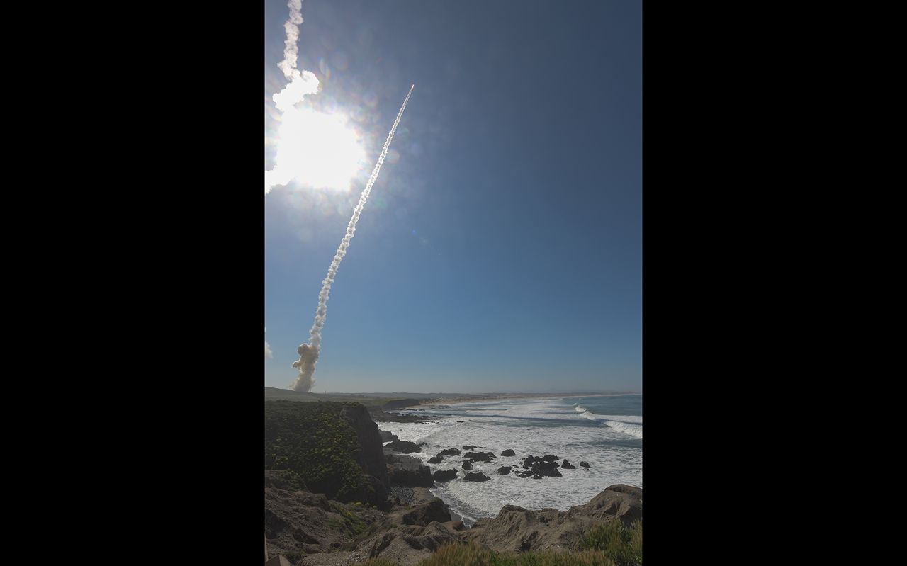One of two Ground-Based Interceptors launches from California's Vandenberg Air Force Base in California to destroy an ICBM target launched from Kwajalein Atoll in the Pacific Ocean on March 25, 2019.