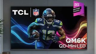 A TV with a football player on the screen