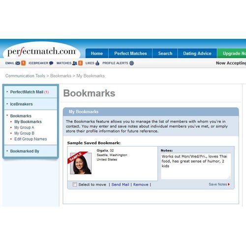PerfectMatch image: The My Bookmarks feature helps you manage your contacts on PerfectMatch.