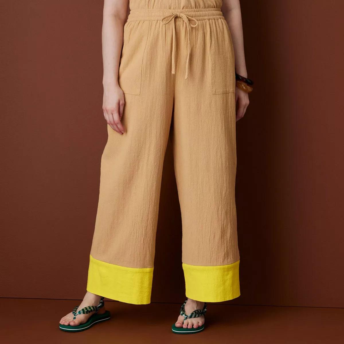 Women's Colorblock Drawstring Wide Leg Pants - Rosie Assoulin X Target Khaki/yellow Xs