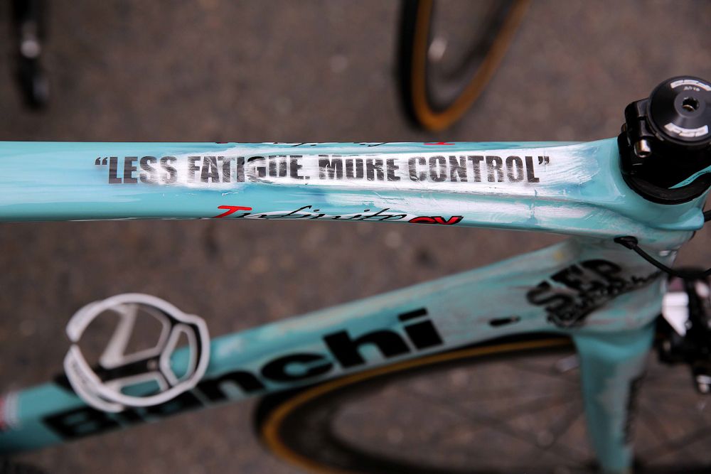 Sep Vanmarcke's top tube provides inspiration for the day.