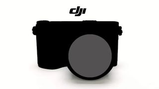 Silhouette of a DJI camera with a circular lens cap in front, set against a white background with the DJI logo above