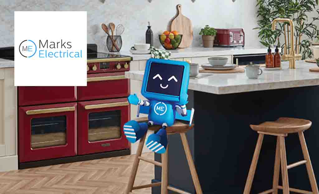 marks electrical logo top left with a blue square robot sitting on kitchen stool in the kitchen 