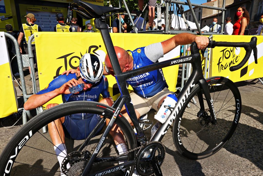 CARCASSONNE FRANCE JULY 09 Tim Declercq of Belgium and Team Deceuninck QuickStep disappointed at arrival during the 108th Tour de France 2021 Stage 13 a 2199km stage from Nmes to Carcassonne Out of time Hors dlais LeTour TDF2021 on July 09 2021 in Carcassonne France Photo by Michael SteeleGetty Images