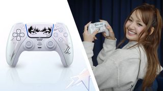 Two-way split artwork for the Lisa limited edition PS5 controller showing the controller on a pearl background and Lisa herself holding the controller.