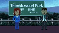 Thimbleweed Park 2 image - Ray and Reyes standing in front o f Thimbleweed Park sign