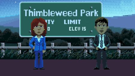 Thimbleweed Park 2 image - Ray and Reyes standing in front o f Thimbleweed Park sign