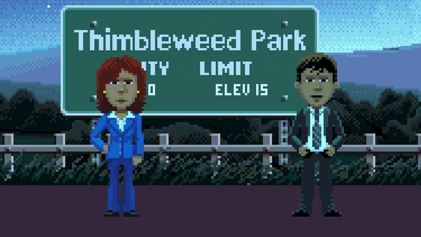 Thimbleweed Park 2 image - Ray and Reyes standing in front o f Thimbleweed Park sign