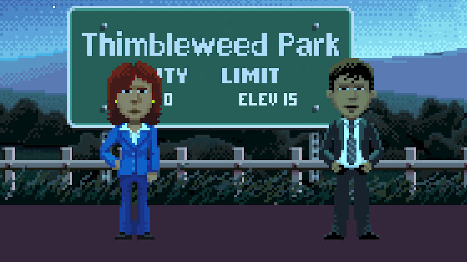 Thimbleweed Park 2 image - Ray and Reyes standing in front o f Thimbleweed Park sign