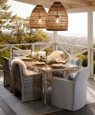 outdoor pendant lights over deck by Serena & Lily