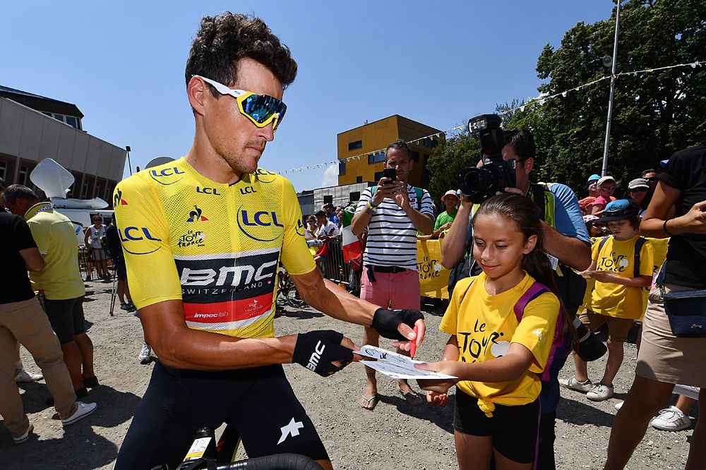 Yellow jersey Greg Van Avermaet (BMC) with the fans at the start of stage 11 at the Tour de France
