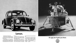 VW advert from the 1960s a VW car and a spaceship