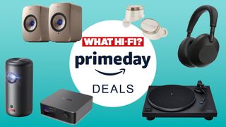 A selection of AV kit, including headphones, speakers and turntables on a light blue background, with "Prime Day Deals" text in the centre.