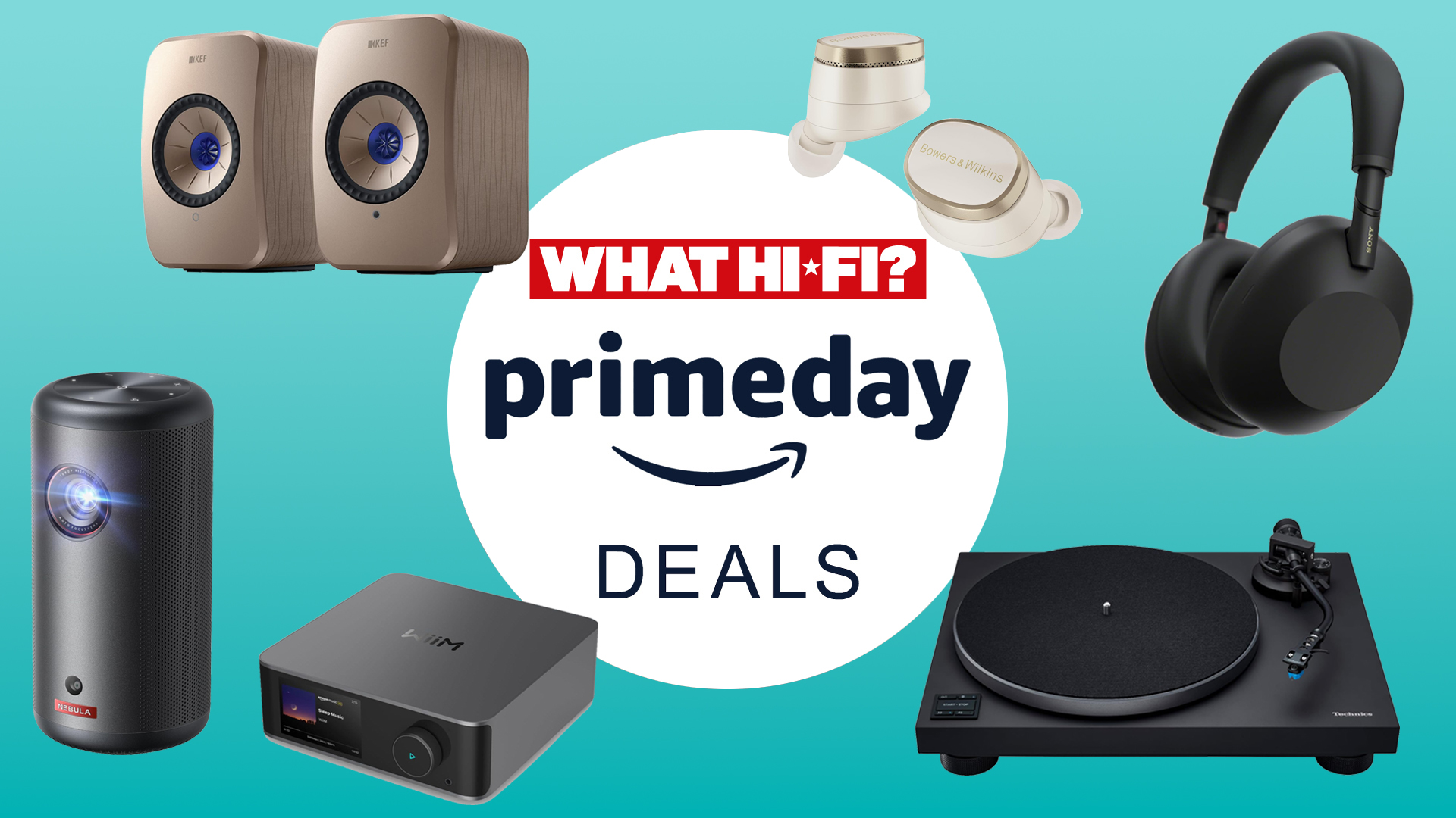 A selection of AV kit, including headphones, speakers and turntables on a light blue background, with "Prime Day Deals" text in the centre.