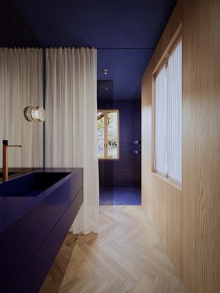 modern bathroom with wood floor and blue walls