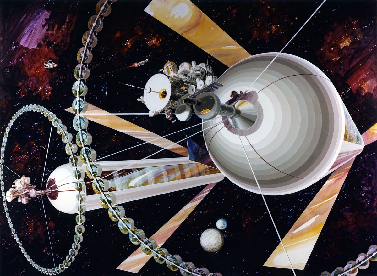 A vintage artist&#039;s depiction of a space station.