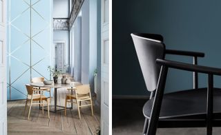 The No 1 dining chairs in lifestyle shot on the photo to the left. They surround the beige-coloured marble top table. Detail of the black oak version chair on the photo to the right.