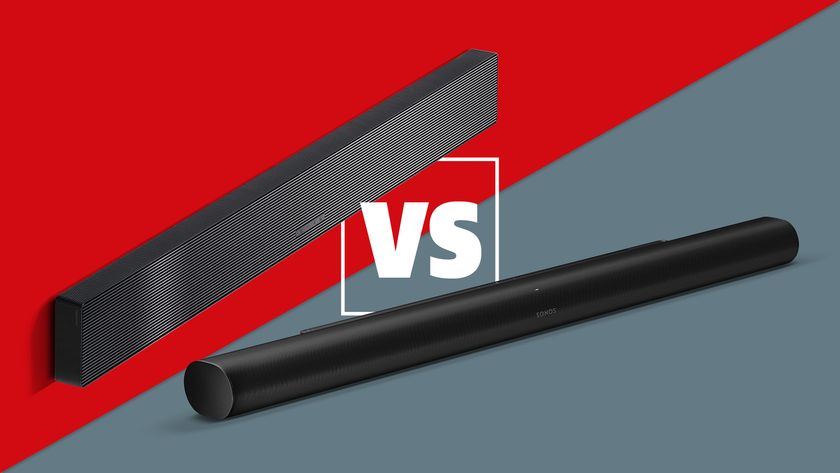 Samsung QS700F soundbar vs Sonos Arc Ultra on a red and black background