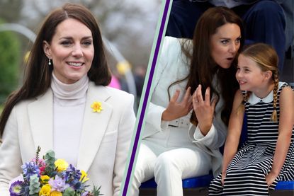 Kate Middleton portrait and split layout of Kate Middleton sat with Princess Charlotte at the Commonwealth Games