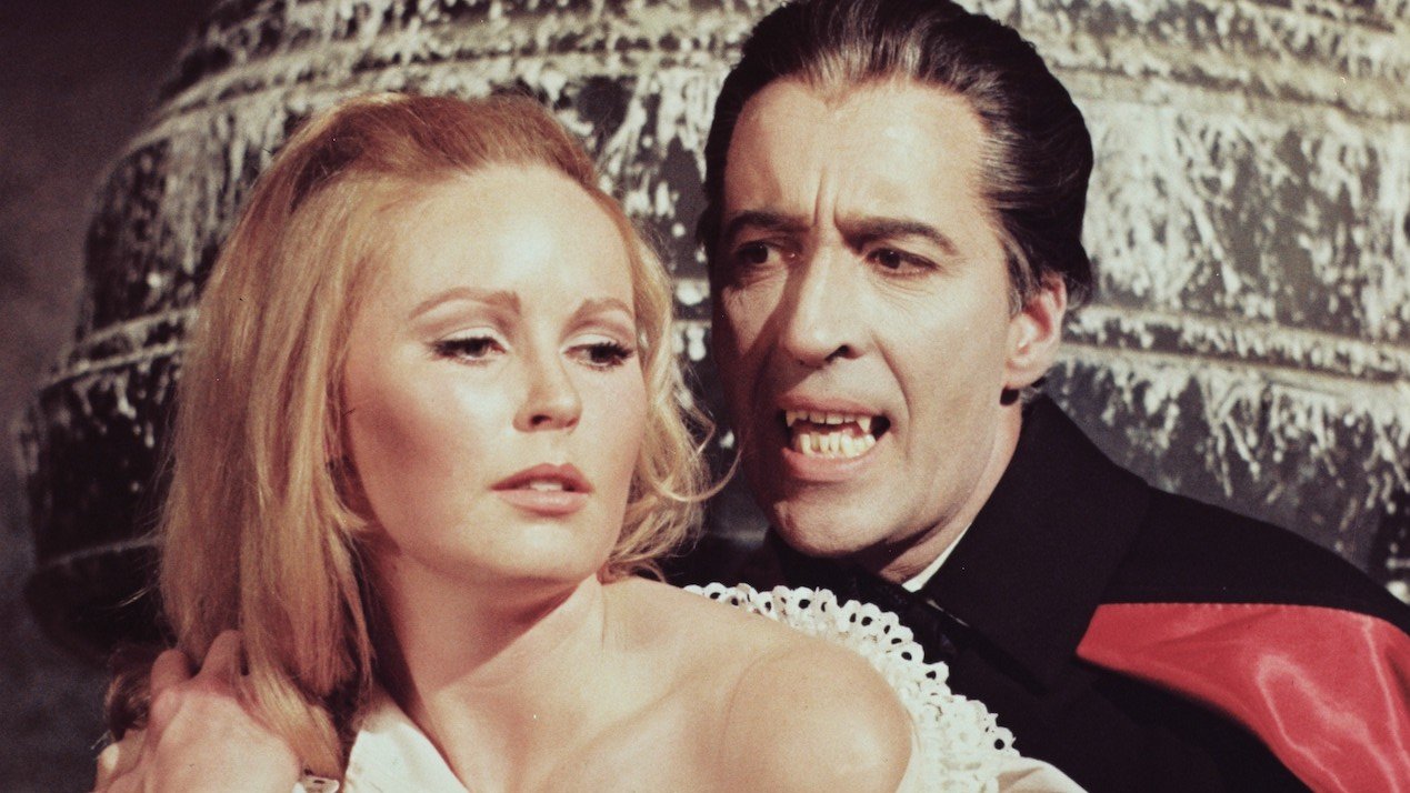 Veronica Carlson and Christopher Lee in the 1968 film, Dracula Has Risen from the Grave