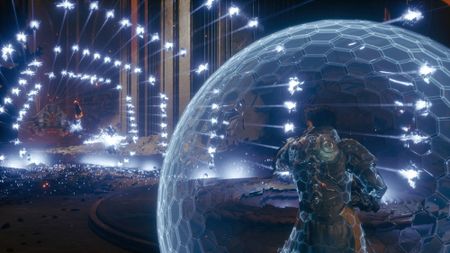 Saros screenshot showing Arjun Devraj using the bubble shield ability