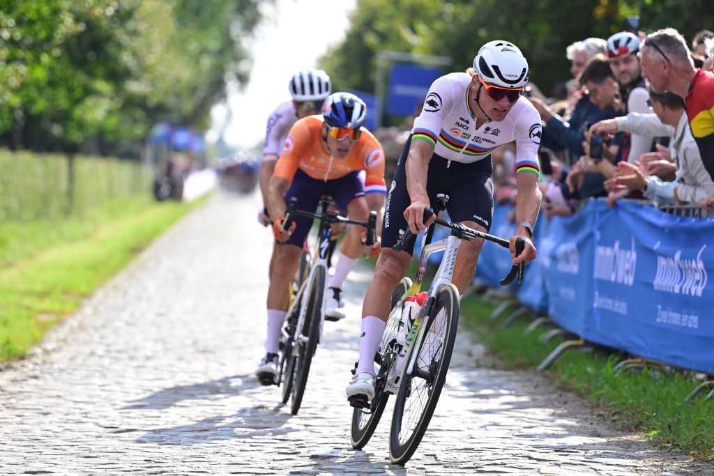 Dutch Mathieu van der Poel pictured in action during the Men&#039;s Elite Road Race at the European Championship 2024, in Hasselt, Sunday 15 September 2024. The UEC Road European Championships 2024 will take place from 11 to 15 september in Limburg, Belgium. BELGA PHOTO DIRK WAEM (Photo by DIRK WAEM / BELGA MAG / Belga via AFP)