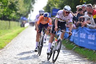 Dutch Mathieu van der Poel pictured in action during the Men's Elite Road Race at the European Championship 2024, in Hasselt, Sunday 15 September 2024. The UEC Road European Championships 2024 will take place from 11 to 15 september in Limburg, Belgium. BELGA PHOTO DIRK WAEM (Photo by DIRK WAEM / BELGA MAG / Belga via AFP)