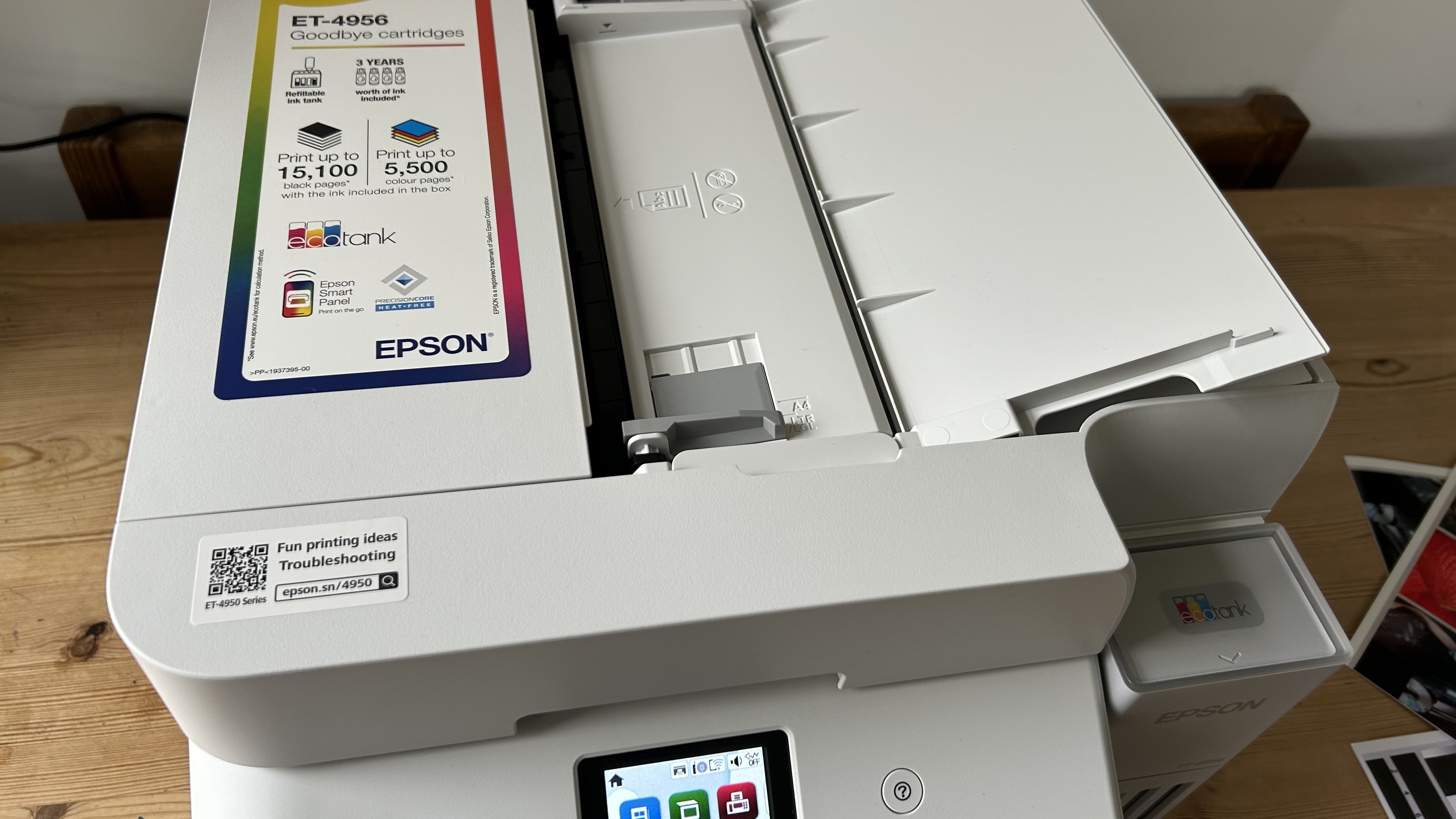 The Epson EcoTank ET-4950 series ink tank printer undergoing testing in a home office during our review process