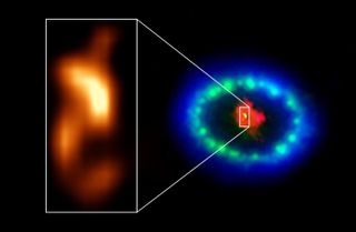Data gathered by ALMA show the hot blob hidden within Supernova 1987A, where the green and blue represent the supernova's shock wave colliding with surrounding material.