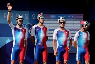 PARIS FRANCE AUGUST 03 Julian Alaphilippe Christophe Laporte Valentin Madouas Kevin Vauquelin of Team France during the Mens Road Race on day eight of the Olympic Games Paris 2024 at trocadero on August 03 2024 in Paris France Photo by Tim de WaeleGetty Images