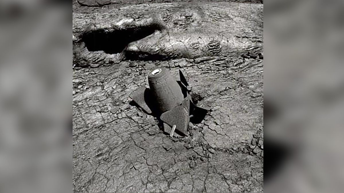 This pointer bomb was dropped into Mauna Loa volcano in 1935 and was photographed in 1977 by Hawaii Volcano Observatory&#039;s geologist Jack Lockwood in 1977.