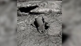 This pointer bomb was dropped into Mauna Loa volcano in 1935 and was photographed in 1977 by Hawaii Volcano Observatory's geologist Jack Lockwood in 1977.