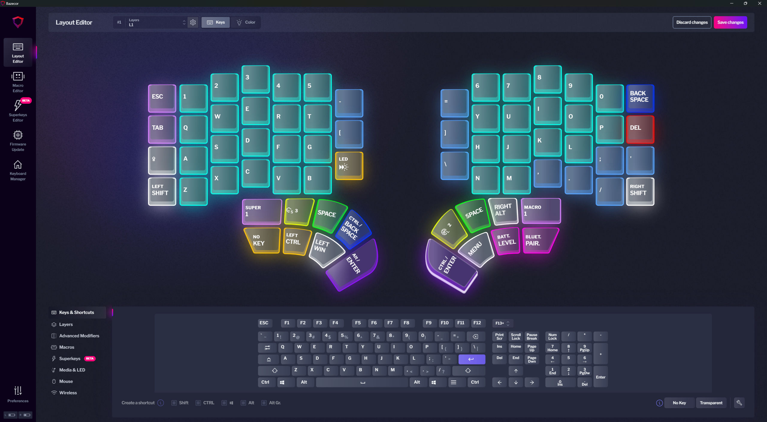 Screenshots of the Dygma Bazecor keyboard control application