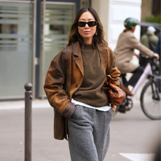 Aimee Song wears oversized leather blazer