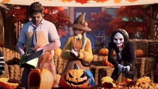 Leatherface, a witch and Billy the Puppet carve pumpkins 