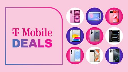 Assorted Apple, Google, and Samsung phones and tablets on pink background with T-Mobile deals text overlay