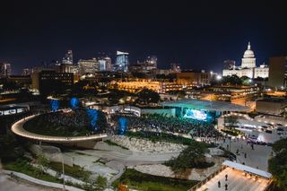 An aerial view at night of Moody Amphitheater in Austin, Texas