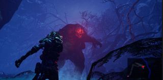 A video game character looks up at a massive alien with glowing red eyes in the new sci-fi video game, Earth's Shadow.