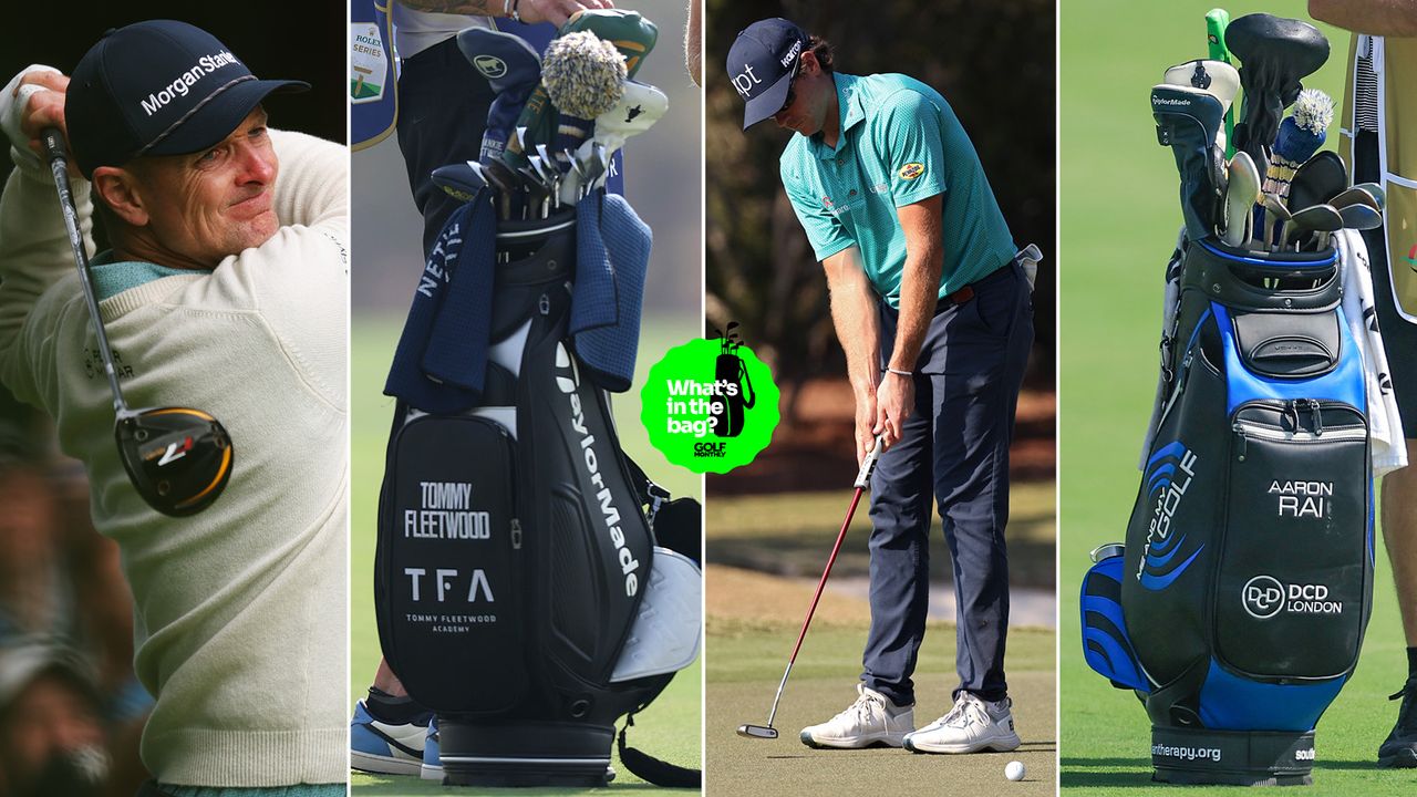 Justin Rose and Adam Schenk hit golf shots, with Tommy Fleetwood and Aaron Rai's golf bag present