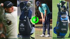 Justin Rose and Adam Schenk hit golf shots, with Tommy Fleetwood and Aaron Rai's golf bag present