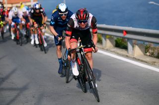 SANREMO ITALY MARCH 19 Tadej Pogacar of Slovenia and UAE Team Emirates climbing the Poggio di Sanremo 160m during the 113th MilanoSanremo 2022 a 293km one day race from Milano to Sanremo MilanoSanremo on March 19 2022 in Sanremo Italy Photo by Tim de WaeleGetty Images