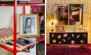 Left, Assouline books sit alongside a photograph of Margherita Missoni. Right, Ercole cabinet and carpet by ABC