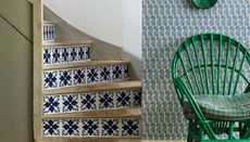 Blue and white tiled staircase