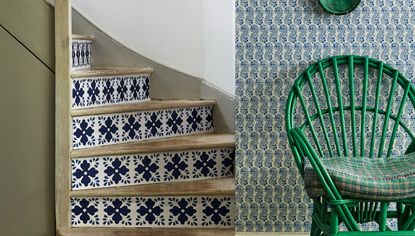 Blue and white tiled staircase