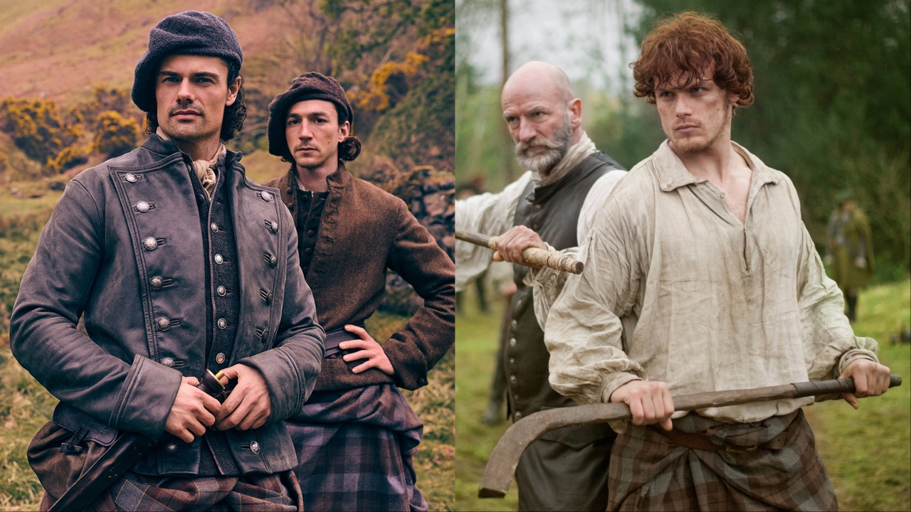 Brian and Murtagh in Outlander: Blood of My Blood cropped next to Dougal and Jamie in Outlander Season 1
