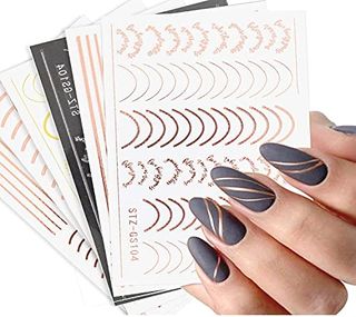 French Metallic Line Nail Art Stickers Decals 8 Sheet Self-Adhesive Rose Gold Metal Curve Stripe Design Manicure Tips Nail Decoration for Women Girls