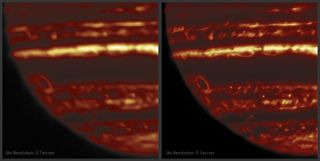 Images of Jupiter taken in infrared light by the Gemini Observatory on April 8, 2019. The telescope makes many images during an observing session, with Earth's atmosphere influencing how sharp or blurry they are. Scientists can then choose the sharpest of each set, like the one on the right.