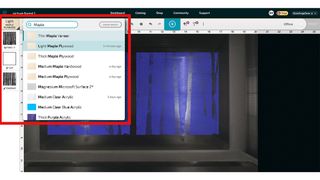 A screen shot of the Glowforge app and the materials menu