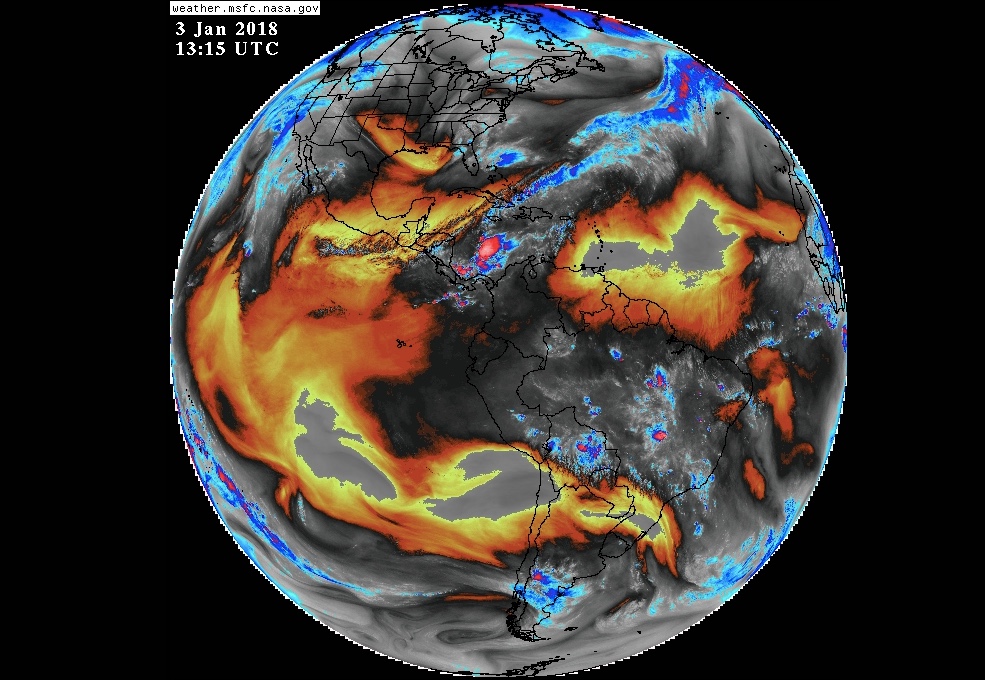 Water vapor across the globe on Jan. 3, 2018.